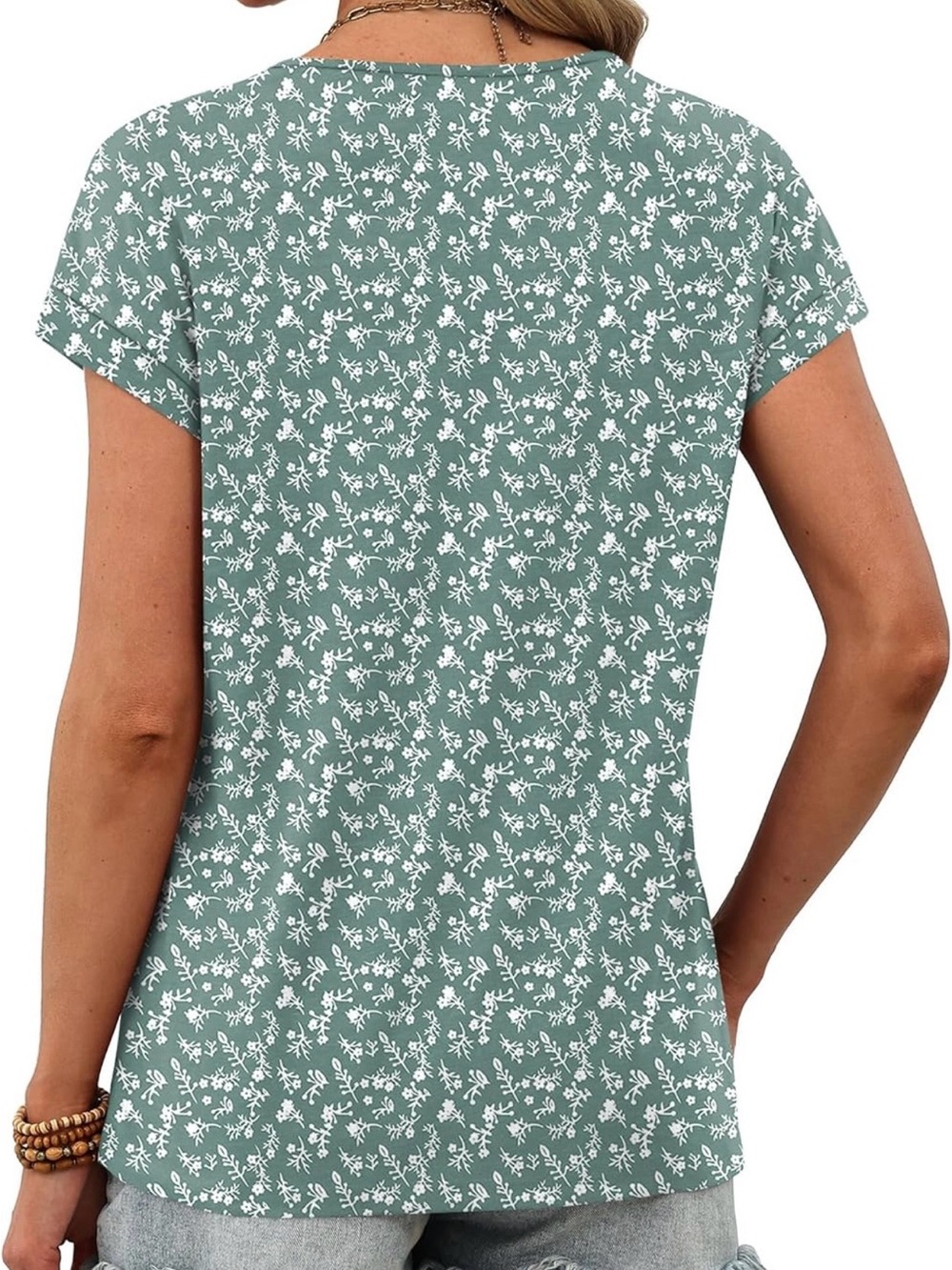 Women's Green Floral Print V-Neck Tee - Picture 3 of 5
